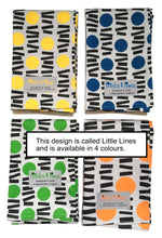 Load image into Gallery viewer, Yellow, blue, green and orange teatowels
