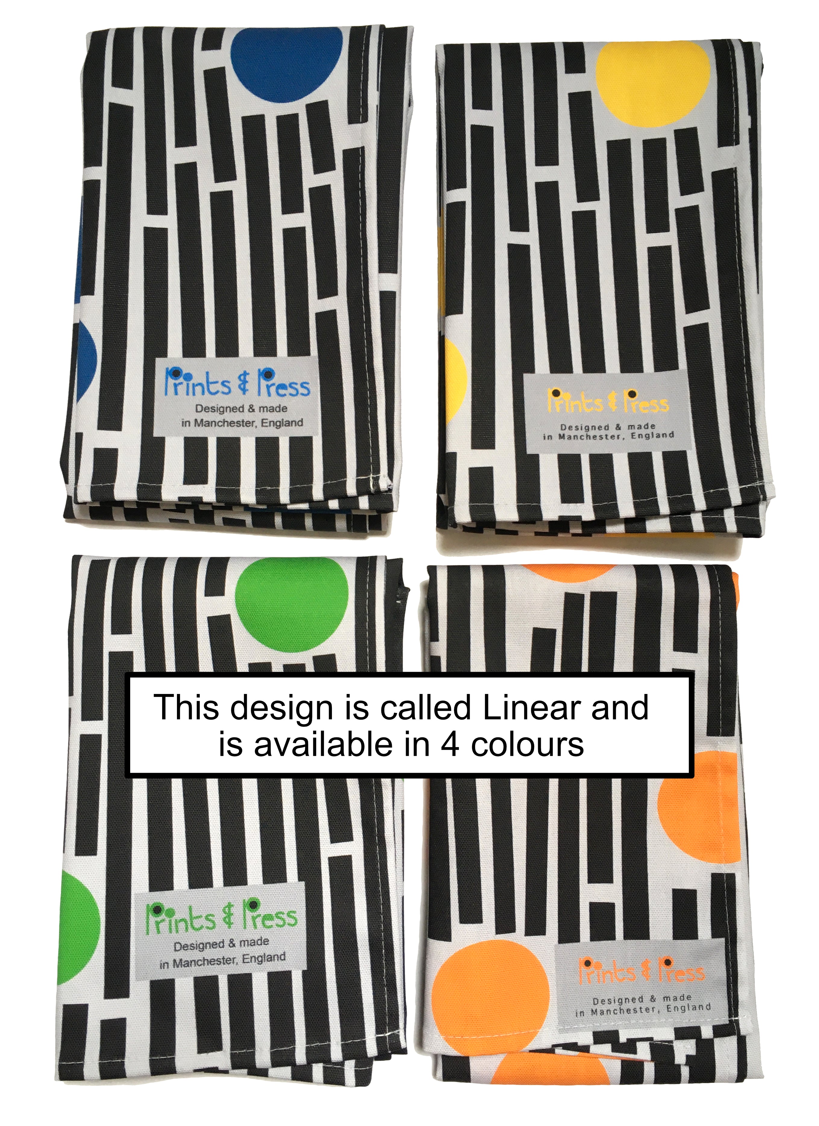 Blue, yellow, green and orange teatowels on a white background