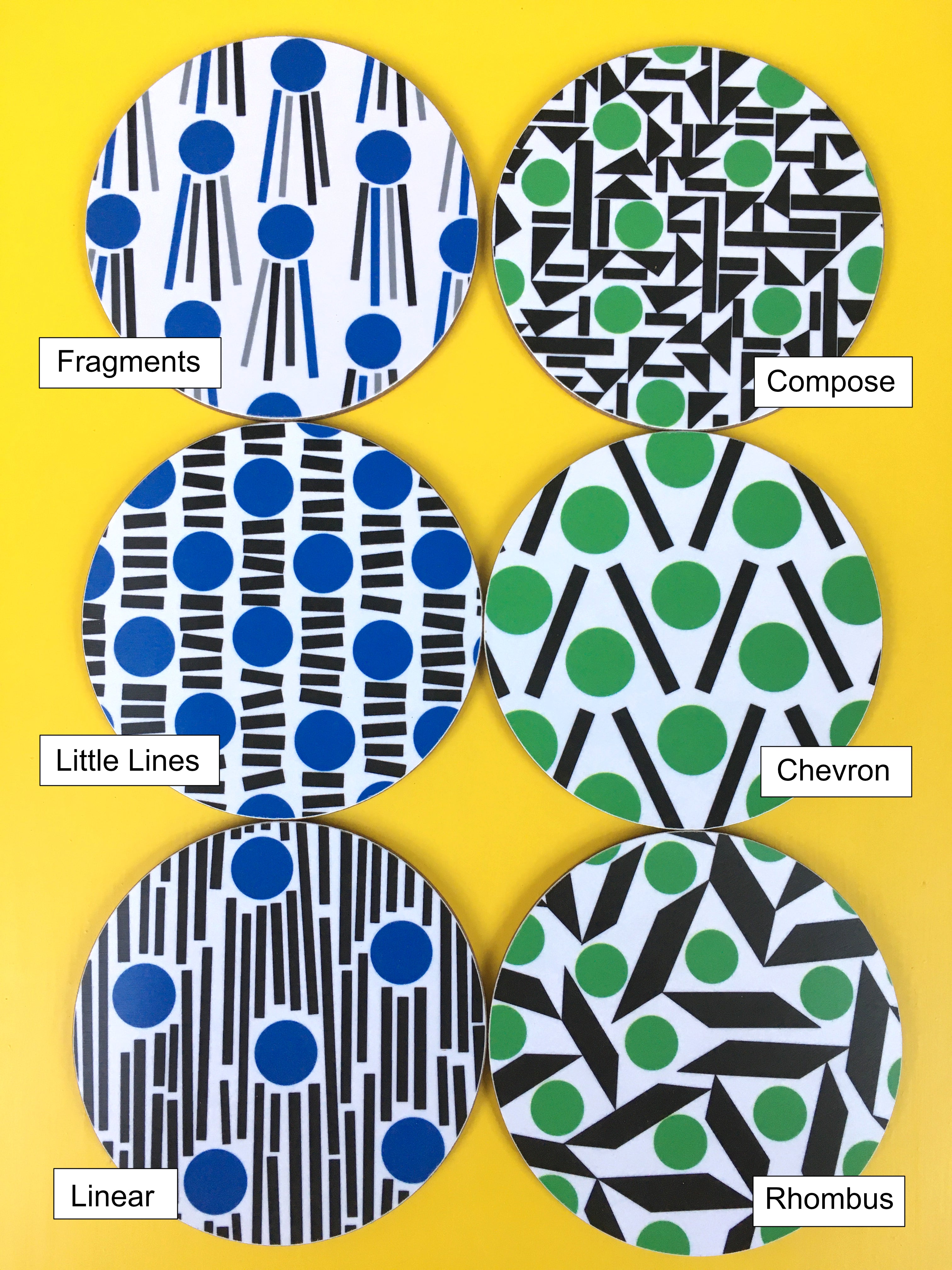 Blue and green round cork coasters.  Melamine coasters made in the UK