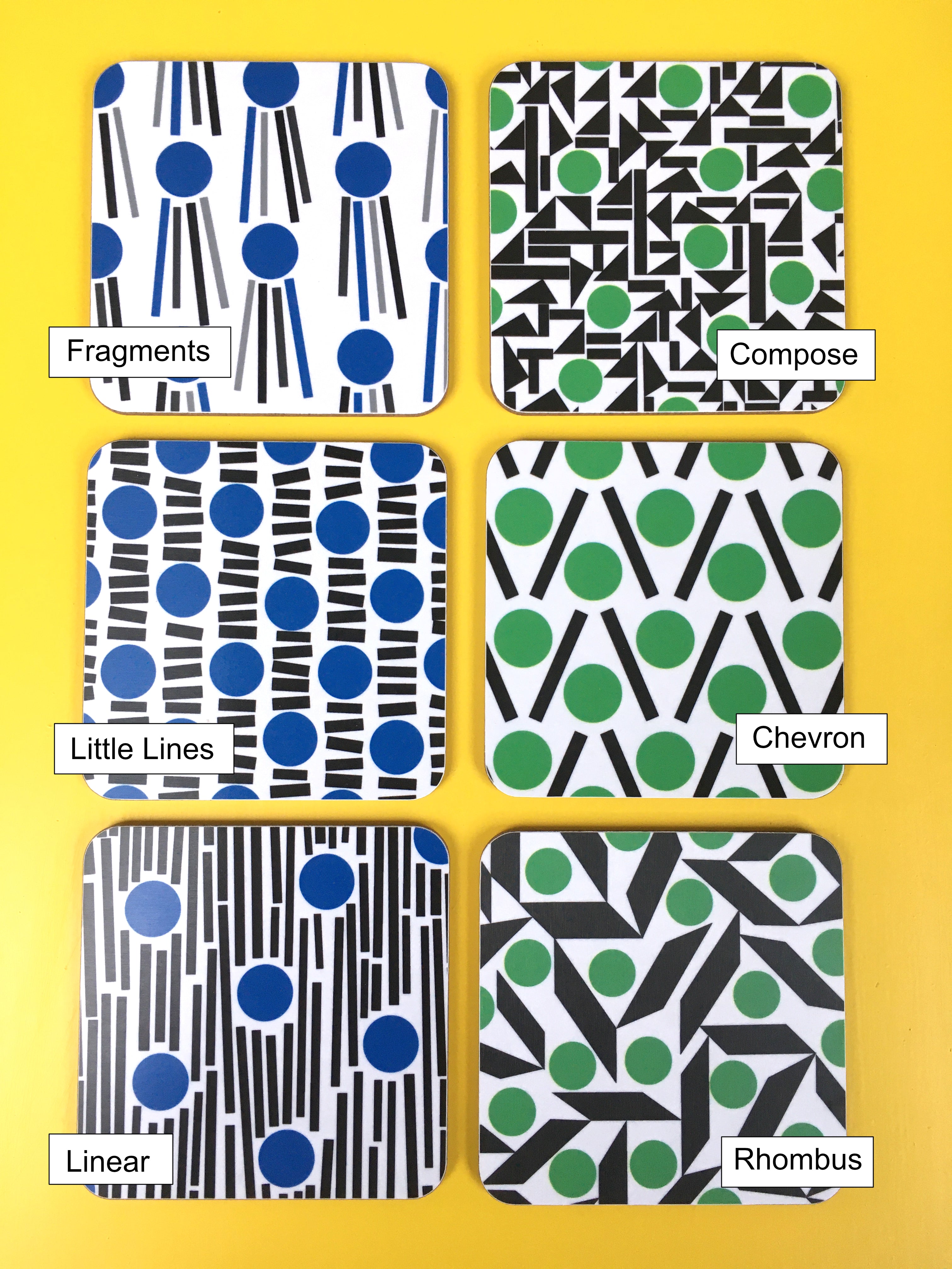 Green square cork and melamine coasters set, made in the UK