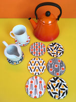Load image into Gallery viewer, 6 round cork coasters yellow &amp; orange
