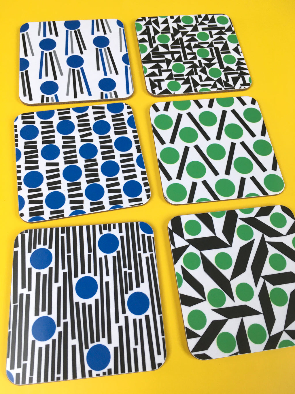 Blue square cork and melamine coasters. 