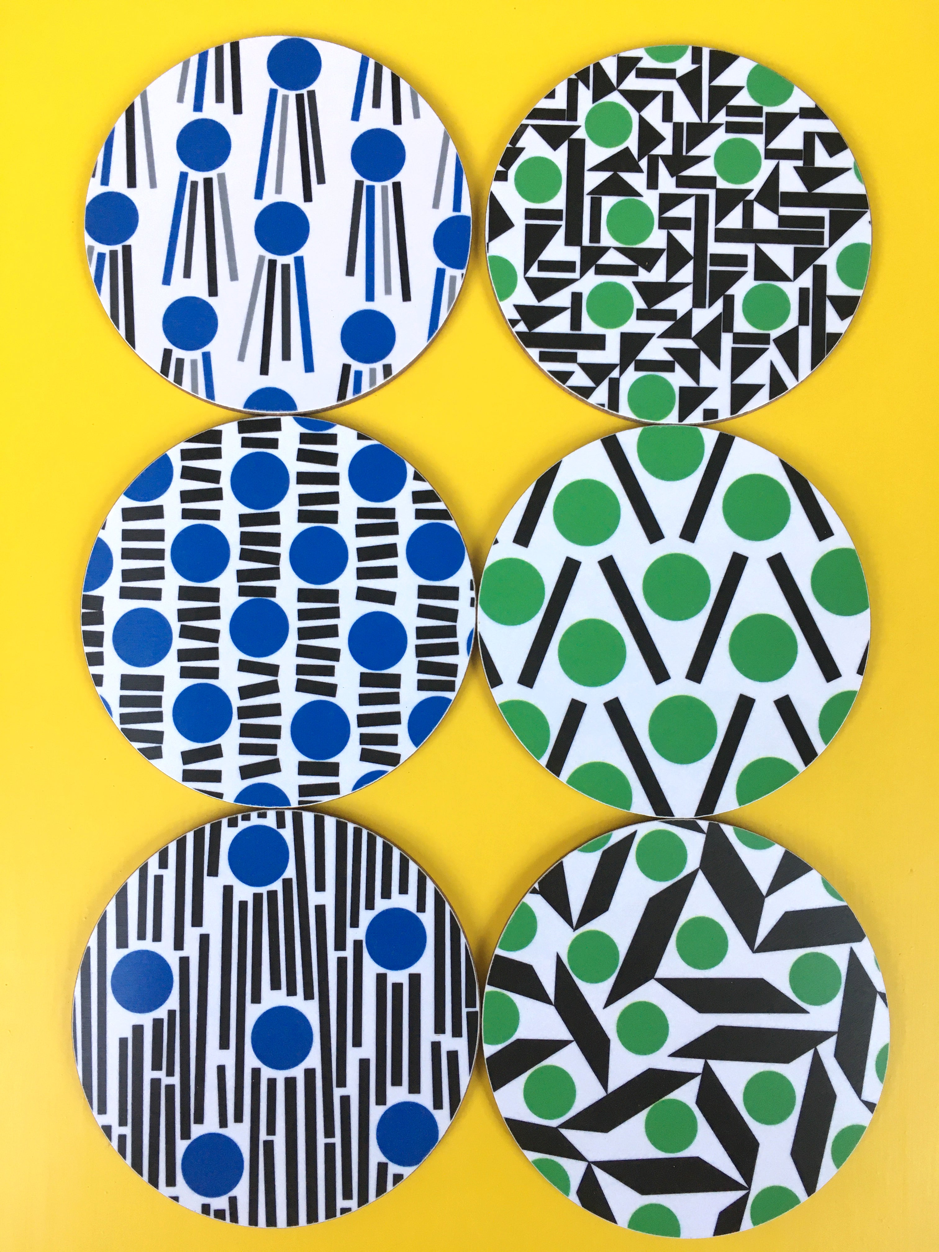 Blue and green round cork coasters.  Melamine coasters made in the UK