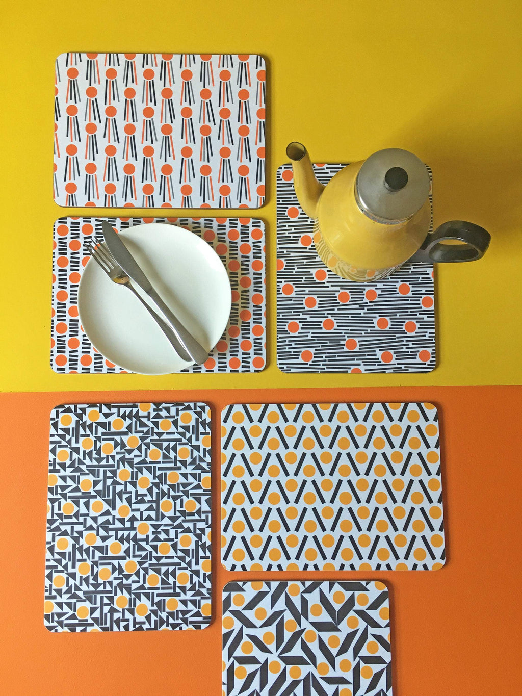 Orange and yellow cork placemats